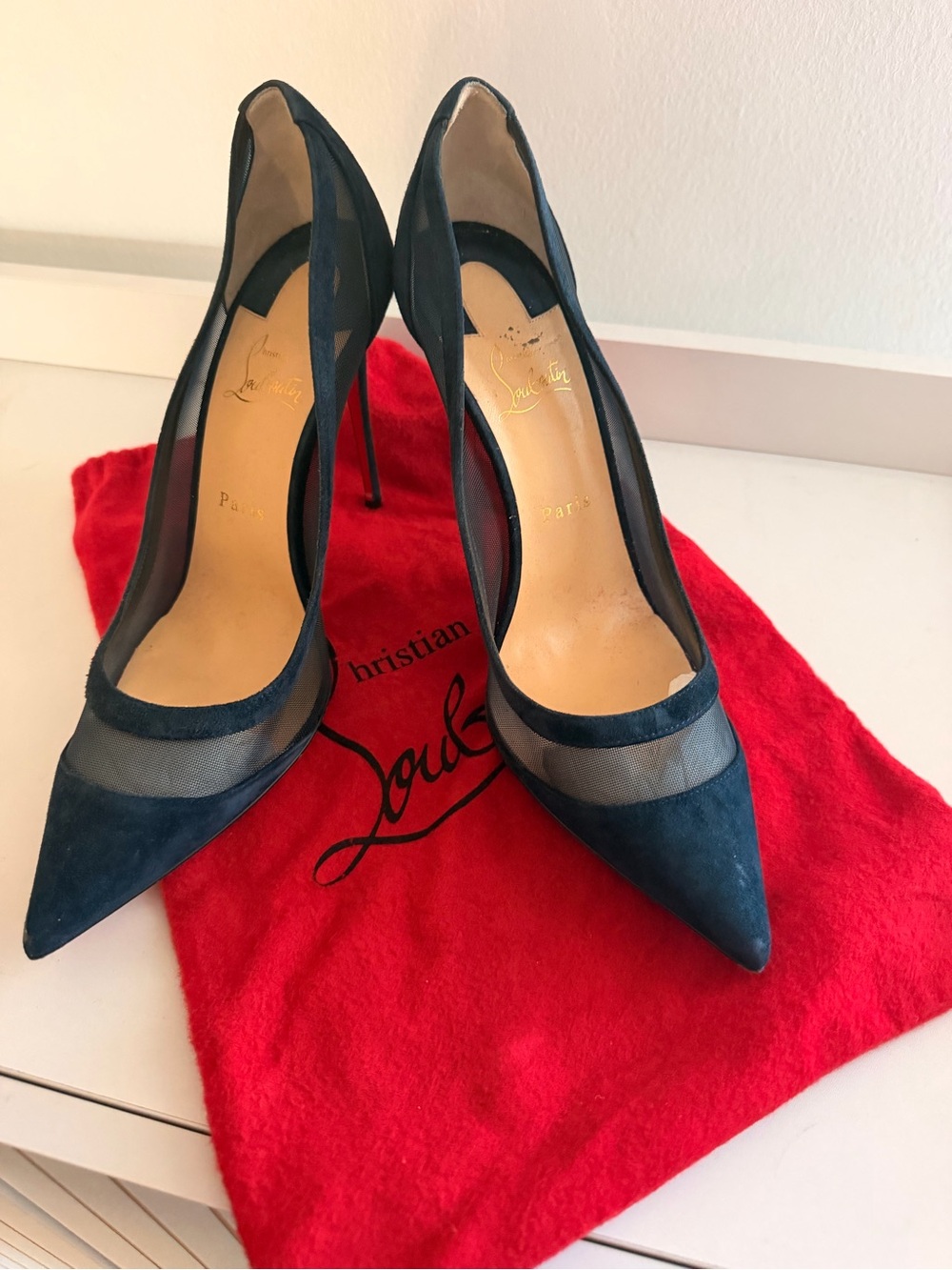 Christian Louboutin Galativi Navy Suede and Mesh Pointed Pump